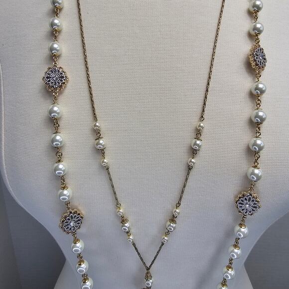 Charter Club Necklace Mixed Metal Filagree Rhinestones Faux Pearl Goldtone - Picture 4 of 7